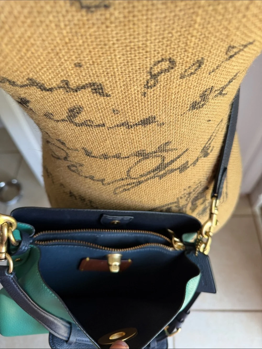 Coach Pebbled Leather Crossbody in Teal and Black with Gold Hardware